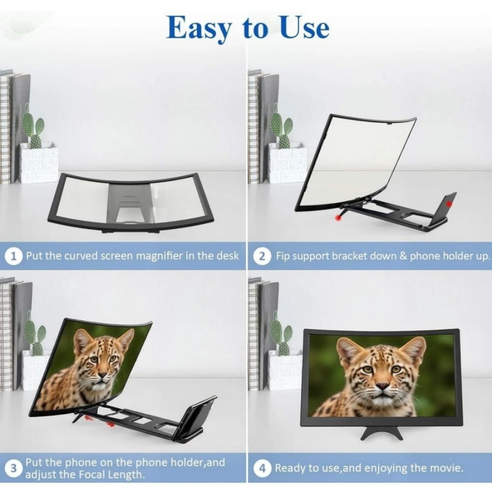 LQQBOX 12" Curved Screen Magnifier for Cell Phone,3D HD Magnifying Projector Screen Enlarger for Movies, Video, and Gaming, Foldable Phone Stand Holder with Screen Amplifier
