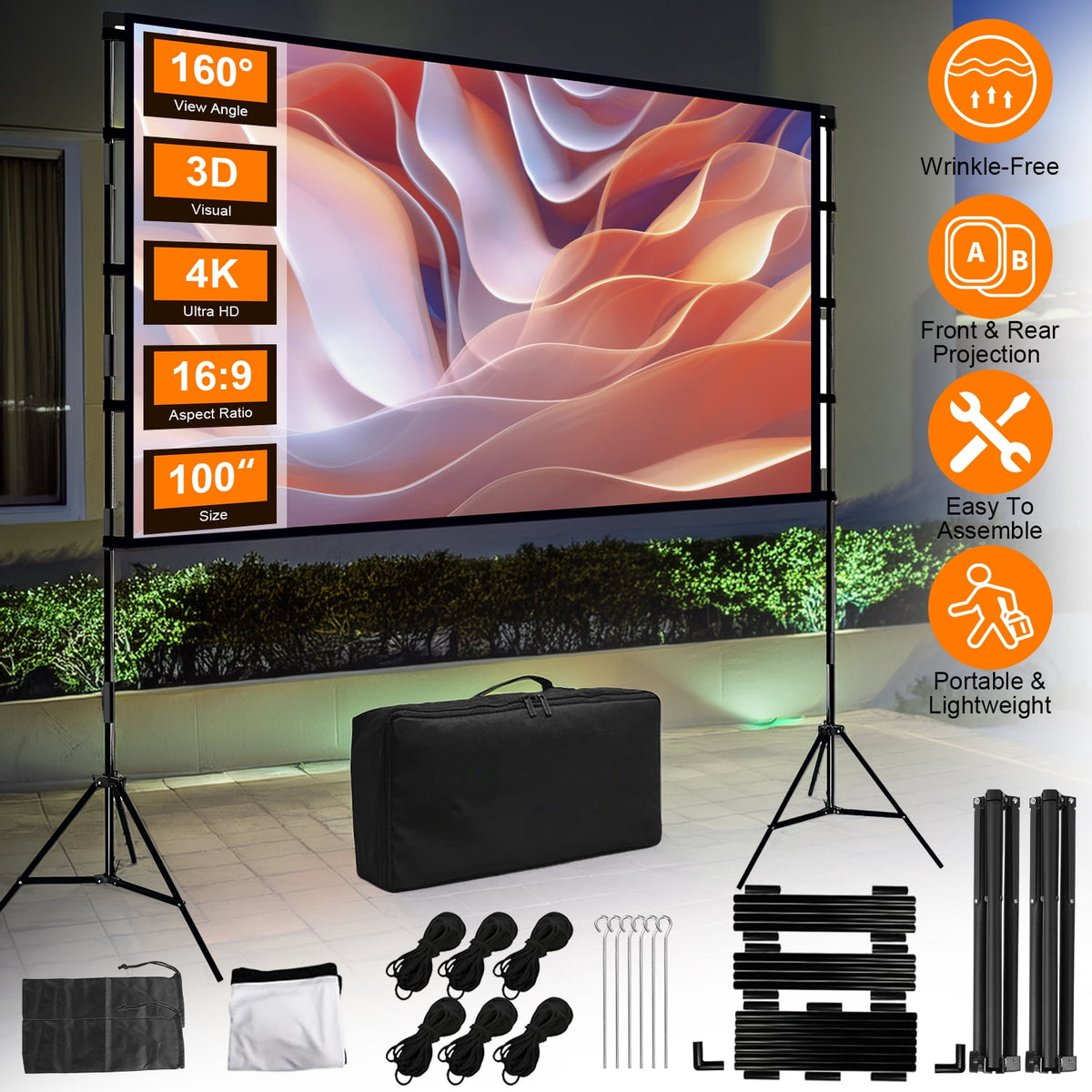 100" Portable Projector Screen with Stand 16:9 4K HD Rear Front Wrinkle-Free Movie Projector Screen with Carry Bag for Home Theater Backyard Movie Night Indoor Outdoor