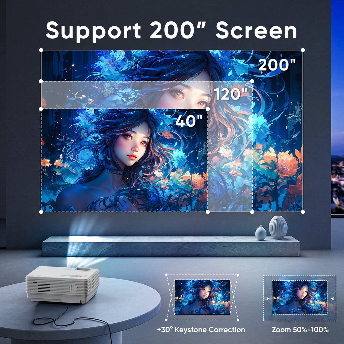 2026 Upgraded Projector with WiFi and Bluetooth 5.2, Support 4K 1080P Video Mini Projector with HDMI for Home Theater/Bedroom/Outdoor