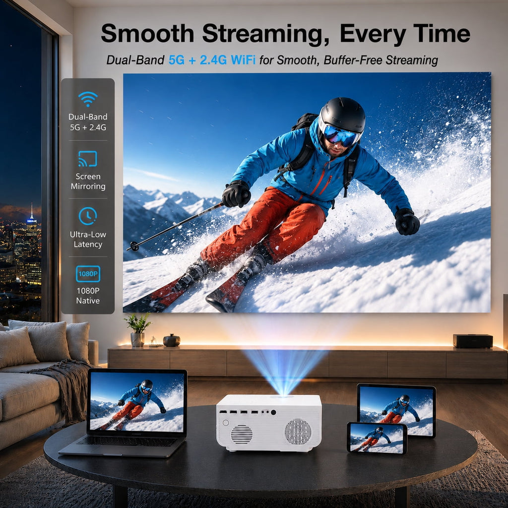 Groview Native 1080P Mini Projector with WiFi and Bluetooth, Outdoor Movie Projector with Built-in Speaker, 300 ANSI Home Theater Projector Compatible with PC/Phones/PS5 (Projector Screen Included)