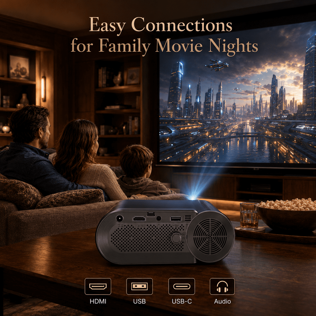 Vamvo Portable Projector with WiFi, 1080P Mini Movie Projector with 200 in Display, HDMI and USB, Built-in Speaker for Phone, Laptop, TV Stick and Game Console