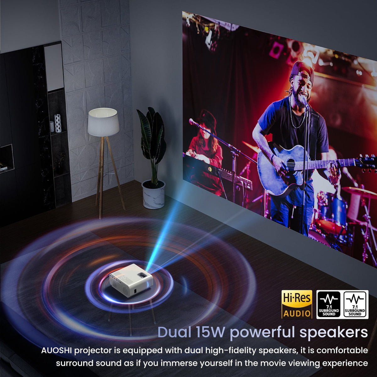 AUOSHI Mini Projector with WiFi and Bluetooth, Native 1080P Portable Projector 4K Supported, 15000 Lumens Movie Projector with Speaker, 50% Zoom, Keystone, Outdoor Projector for Home Theater, Camping
