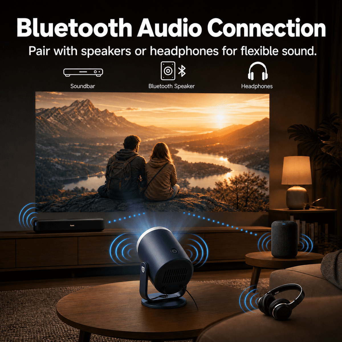 Mini Projector with WiFi and Bluetooth, Native 1080P Portable Movie Projector, Auto Keystone, 180 Degree Rotating Stand, HDMI USB Type-C for TV Stick, Black Orange, Vamvo