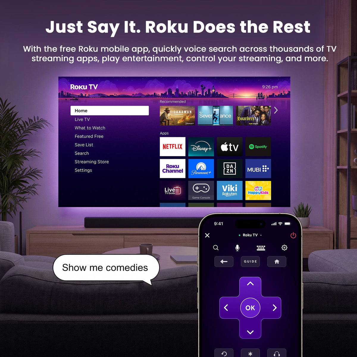 Roku TV Projector, HAPPRUN Smart Projector with Wifi and Bluetooth, Roku TV Built-in, DoIby Audio, Portable Mini Projector Compatible with Google Home & Apple Home, Movie Projector for Outdoor
