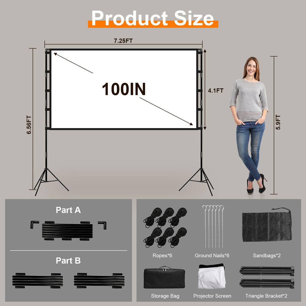 100" Portable Projector Screen with Stand 16:9 4K HD Rear Front Wrinkle-Free Movie Projector Screen with Carry Bag for Home Theater Backyard Movie Night Indoor Outdoor