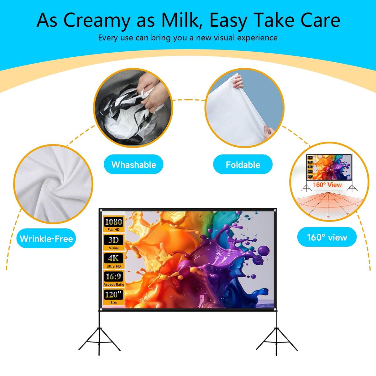 100" Projector Screen with Stand, Foldable Portable Movie Screen, 16:9 HD 4K Wrinkle-Free Indoor Outdoor Projector screens for Backyard Home Theater