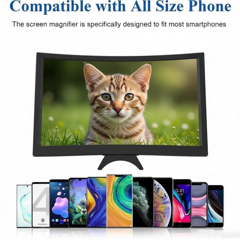 LQQBOX 12" Curved Screen Magnifier for Cell Phone,3D HD Magnifying Projector Screen Enlarger for Movies, Video, and Gaming, Foldable Phone Stand Holder with Screen Amplifier