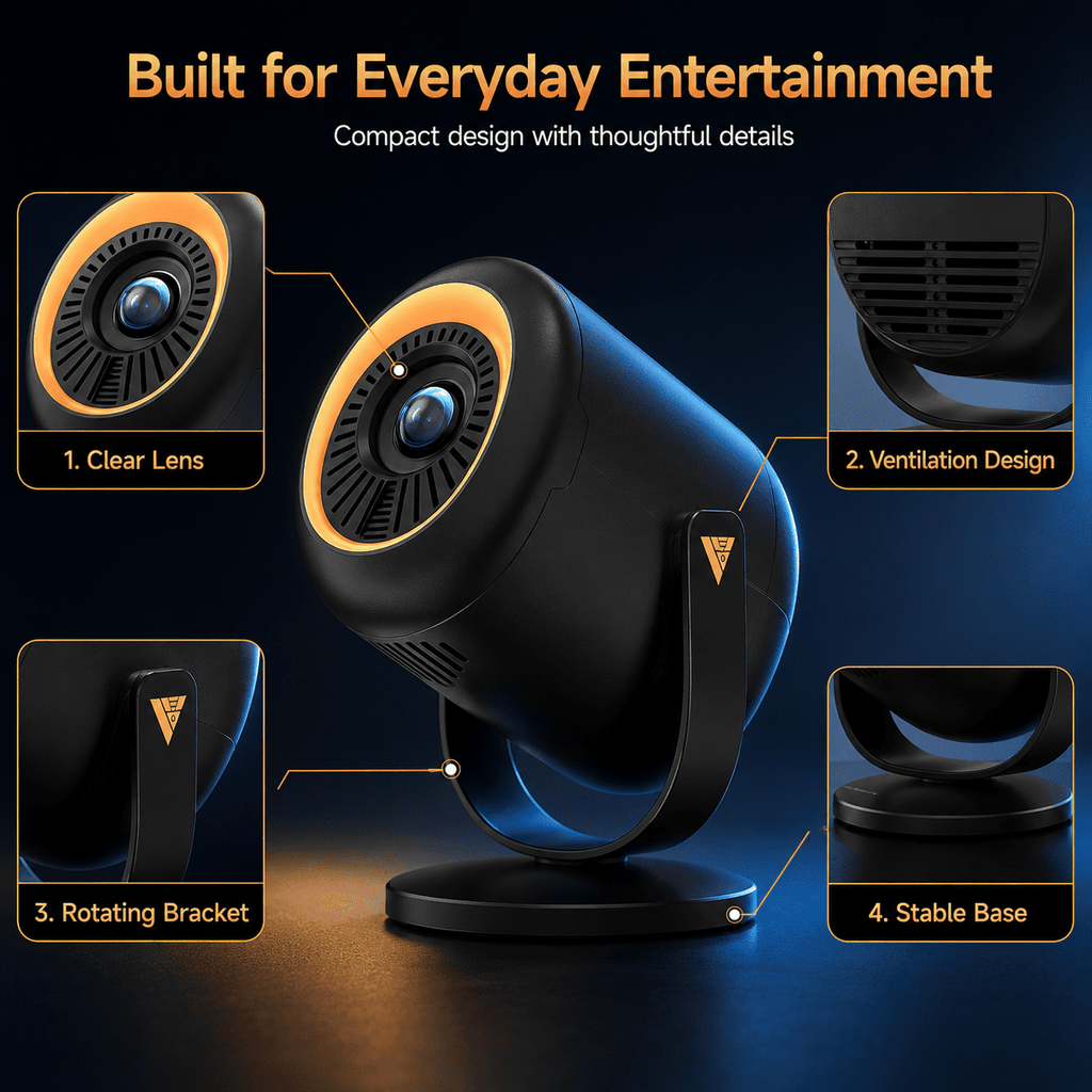 Mini Projector with WiFi and Bluetooth, Native 1080P Portable Movie Projector, Auto Keystone, 180 Degree Rotating Stand, HDMI USB Type-C for TV Stick, Black Orange, Vamvo