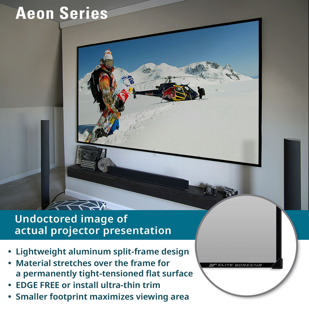 Aeon CineWhite® UHD-B, 138" Diag, 16:9, 67.6" x 120.3", EDGE FREE Fixed Frame Matte White Front Projector Screen