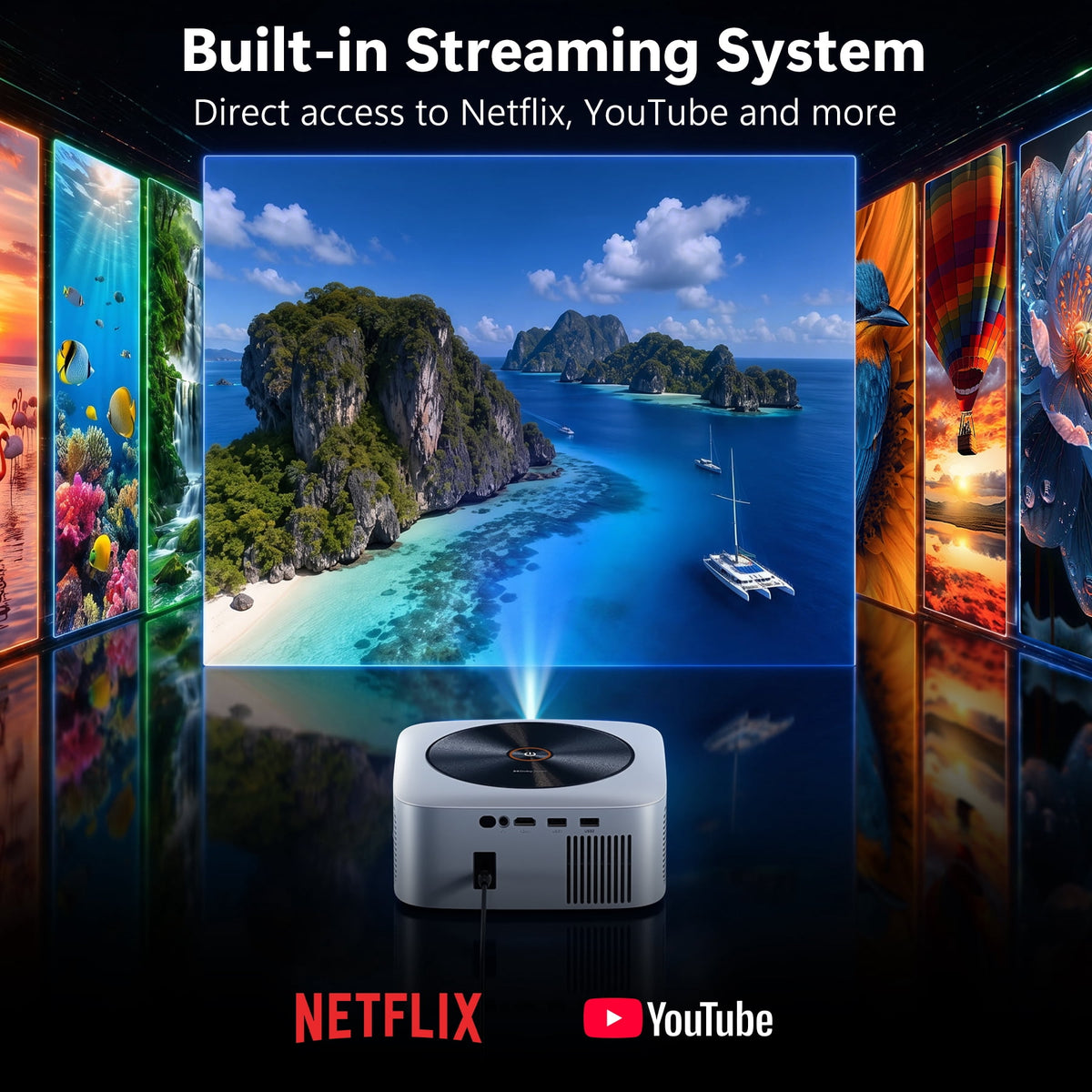 HAPPRUN 1500 ANSI Lumens Smart Projector Compatible with Netflix, 4K Decoding Movie Projector with WiFi & Bluetooth, Auto Focus & Keystone, Built-in Streaming Apps, Outdoor Projector for Home Theater