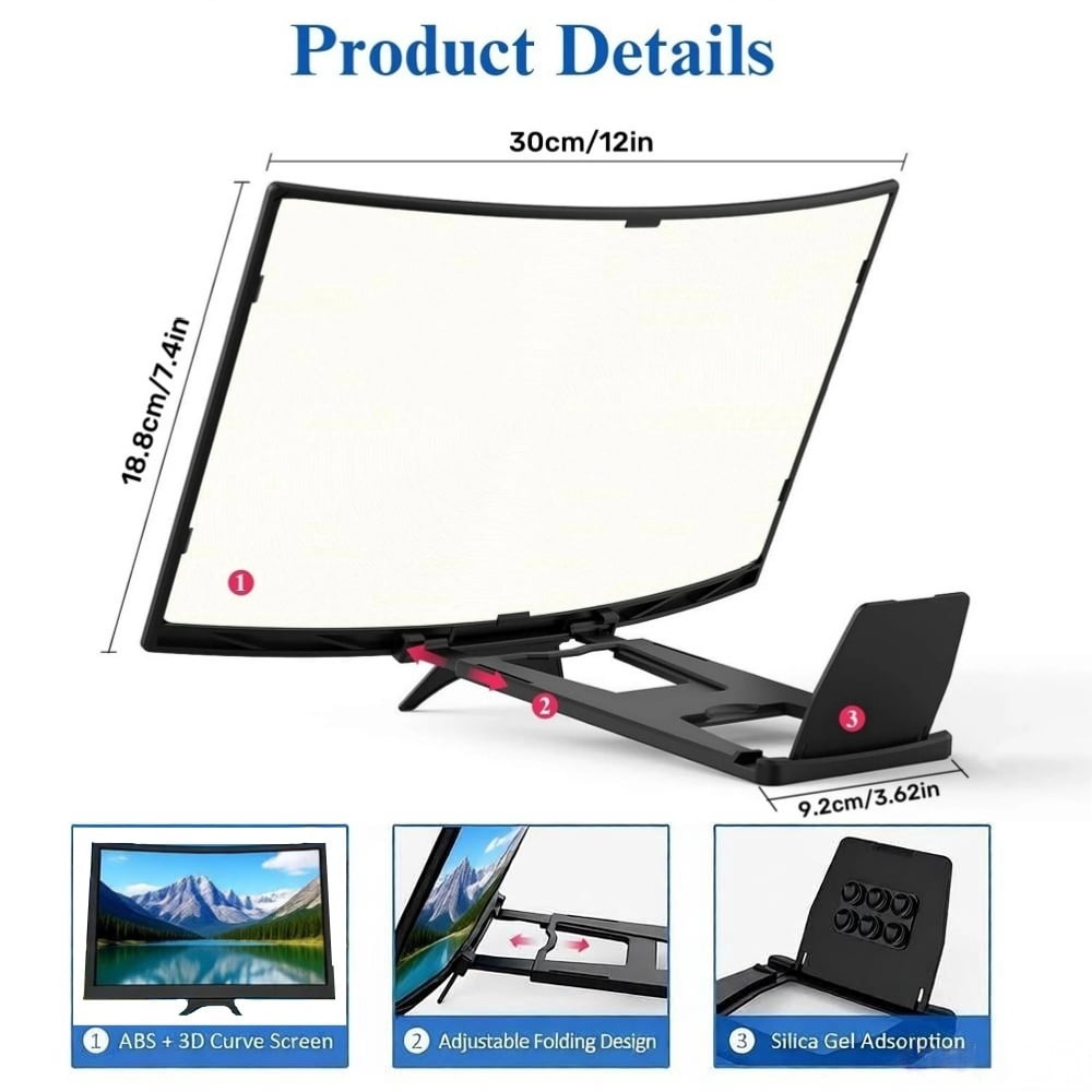 LQQBOX 12" Curved Screen Magnifier for Cell Phone,3D HD Magnifying Projector Screen Enlarger for Movies, Video, and Gaming, Foldable Phone Stand Holder with Screen Amplifier