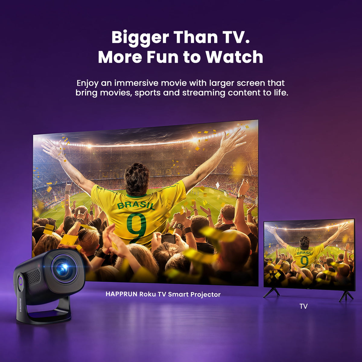 Roku TV Projector, HAPPRUN Smart Projector with Wifi and Bluetooth, Roku TV Built-in, DoIby Audio, Portable Mini Projector Compatible with Google Home & Apple Home, Movie Projector for Outdoor