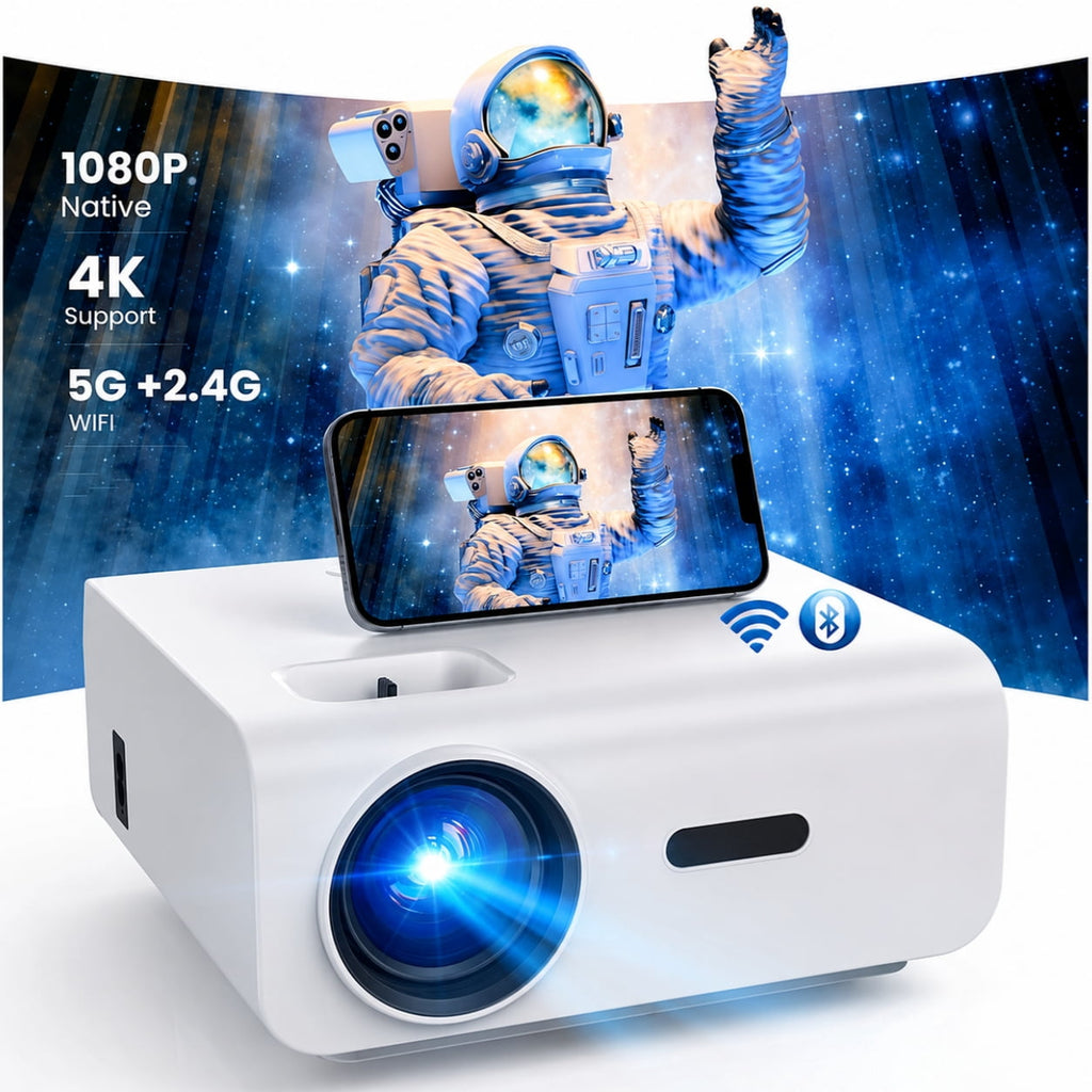 Groview Native 1080P Mini Projector with WiFi and Bluetooth, Outdoor Movie Projector with Built-in Speaker, 300 ANSI Home Theater Projector Compatible with PC/Phones/PS5 (Projector Screen Included)