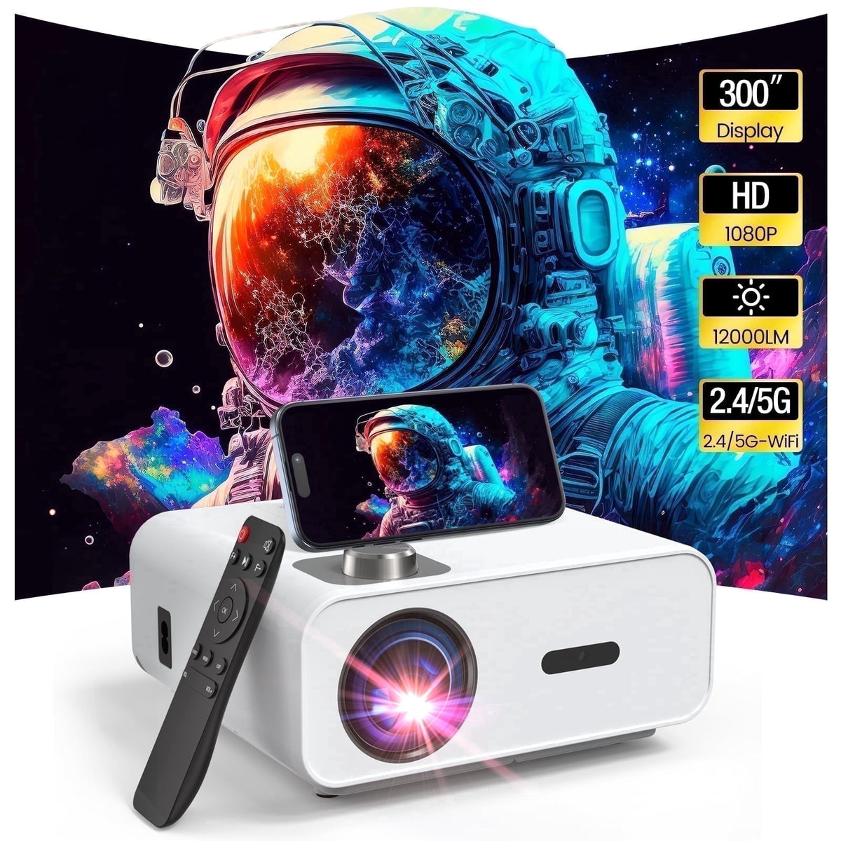 HAPPRUN 1500 ANSI Lumens Smart Projector Compatible with Netflix, 4K Decoding Movie Projector with WiFi & Bluetooth, Auto Focus & Keystone, Built-in Streaming Apps, Outdoor Projector for Home Theater