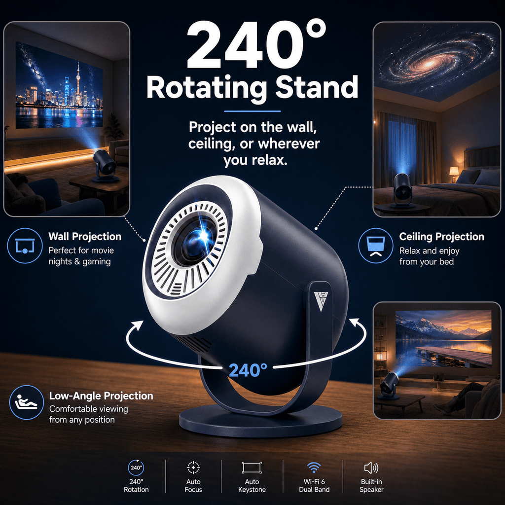 Mini Projector with WiFi and Bluetooth, Native 1080P Portable Movie Projector, Auto Keystone, 180 Degree Rotating Stand, HDMI USB Type-C for TV Stick, Black Orange, Vamvo