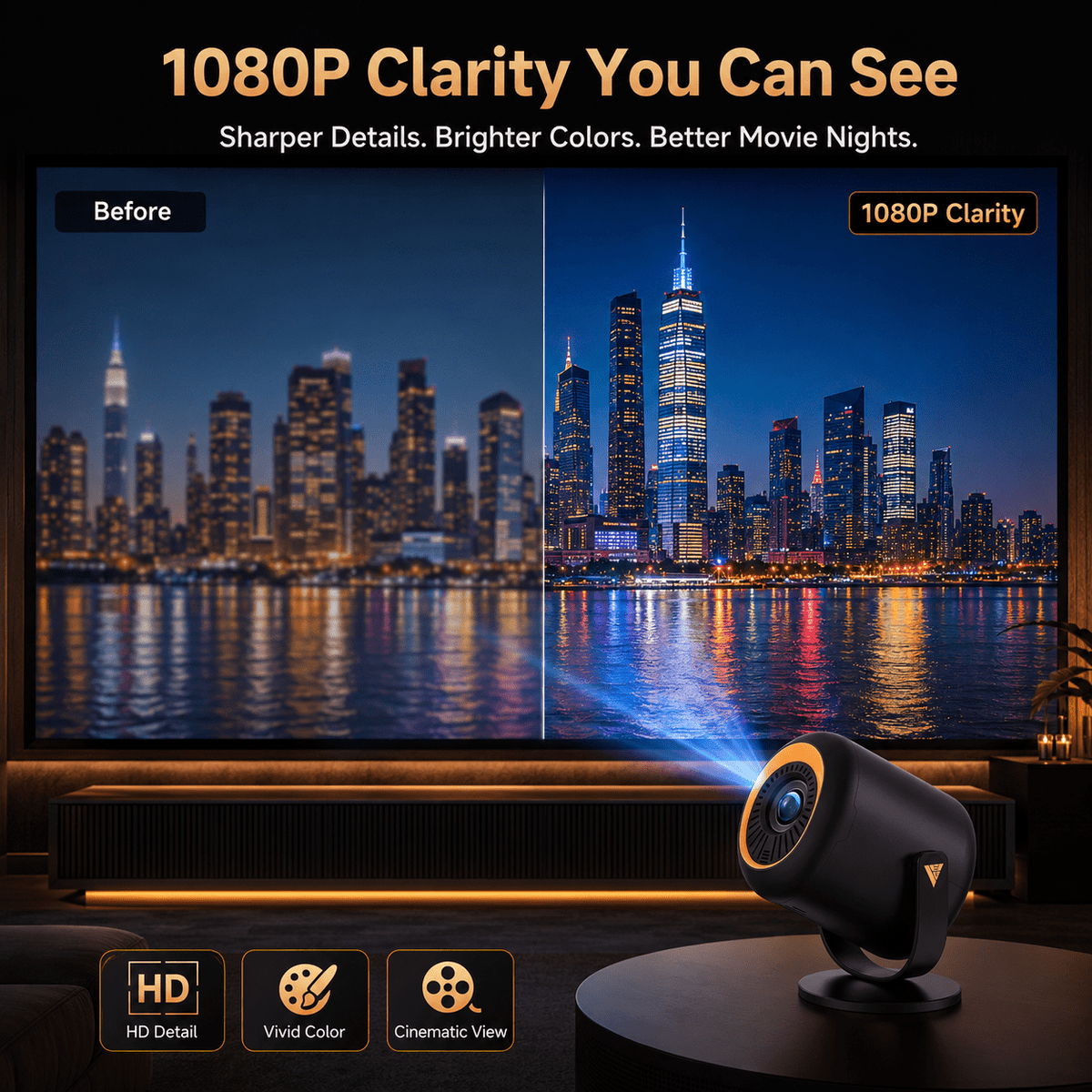 Mini Projector with WiFi and Bluetooth, Native 1080P Portable Movie Projector, Auto Keystone, 180 Degree Rotating Stand, HDMI USB Type-C for TV Stick, Black Orange, Vamvo