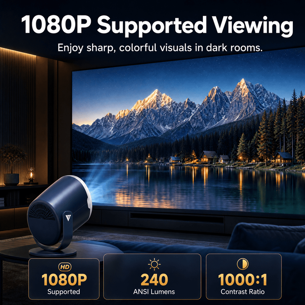 Mini Projector with WiFi and Bluetooth, Native 1080P Portable Movie Projector, Auto Keystone, 180 Degree Rotating Stand, HDMI USB Type-C for TV Stick, Black Orange, Vamvo