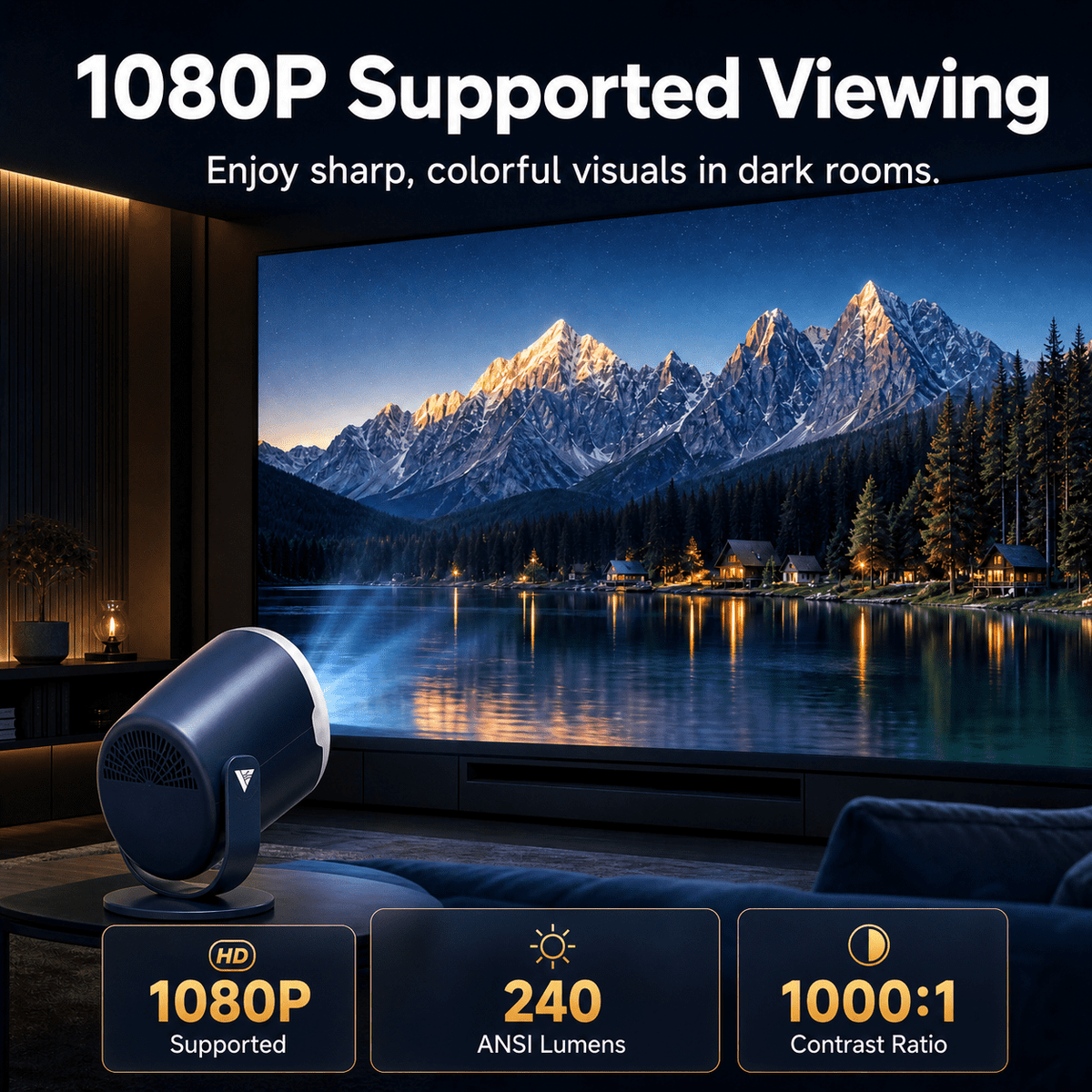 Mini Projector with WiFi and Bluetooth, Native 1080P Portable Movie Projector, Auto Keystone, 180 Degree Rotating Stand, HDMI USB Type-C for TV Stick, Black Orange, Vamvo