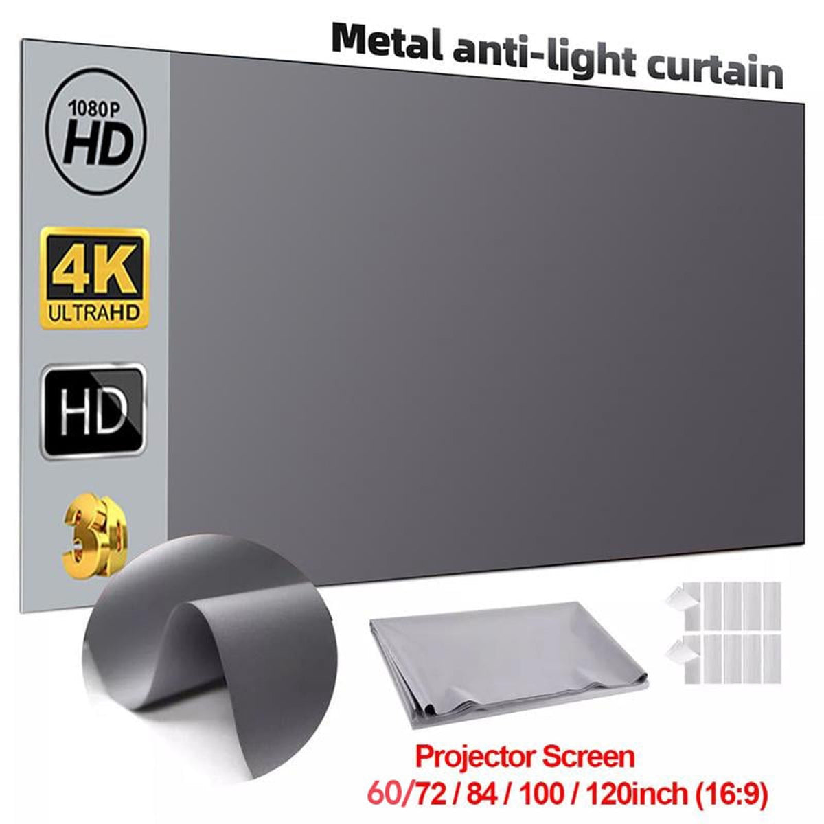 60-120 Inch Portable Light Blocking Projection Screen - 4K/1080P HD Foldable Anti-Glare Screen for Indoor & Outdoor Movie Nights