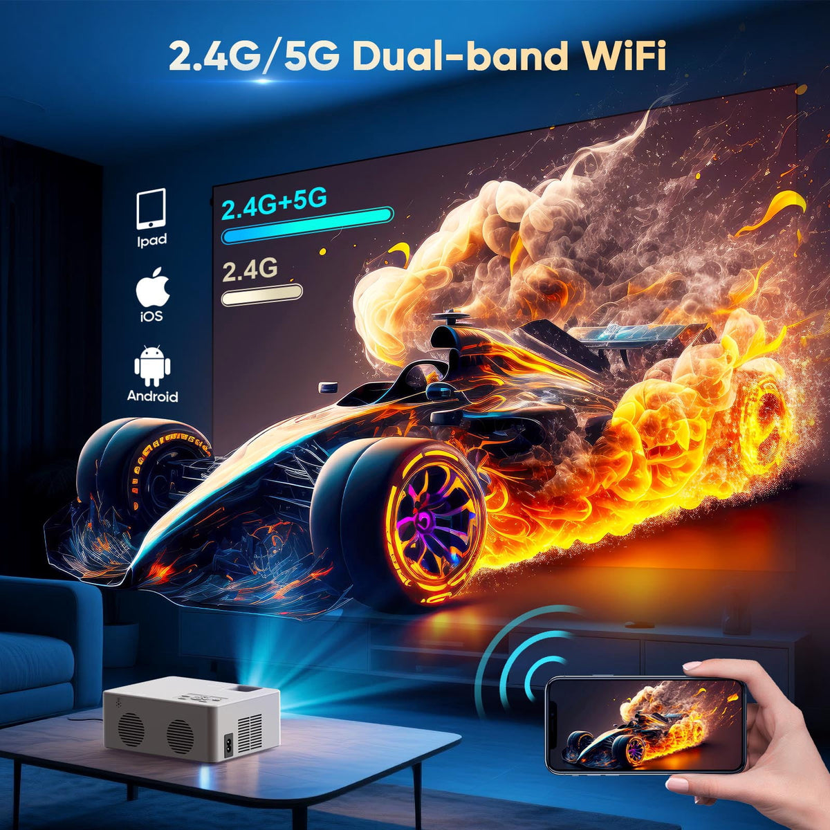 2026 Upgraded Projector with WiFi and Bluetooth 5.2, Support 4K 1080P Video Mini Projector with HDMI for Home Theater/Bedroom/Outdoor