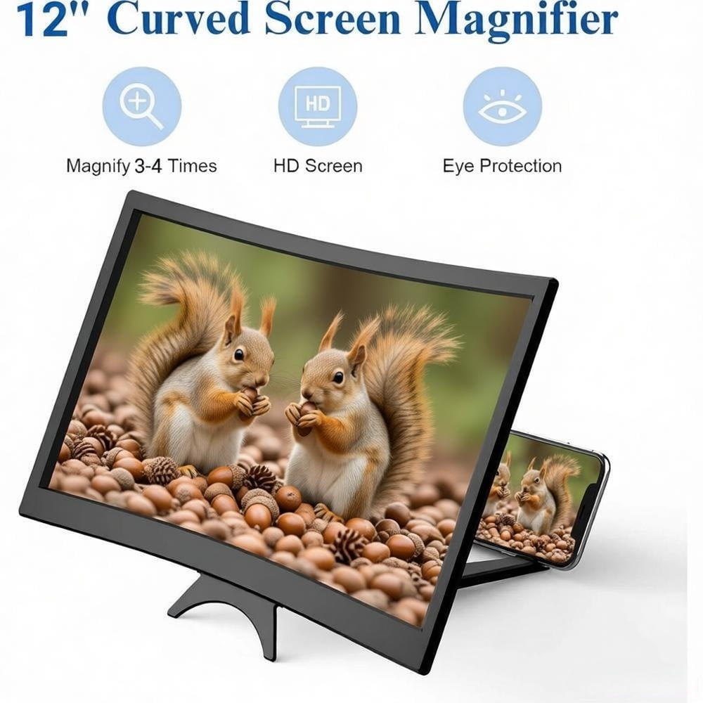 LQQBOX 12" Curved Screen Magnifier for Cell Phone,3D HD Magnifying Projector Screen Enlarger for Movies, Video, and Gaming, Foldable Phone Stand Holder with Screen Amplifier