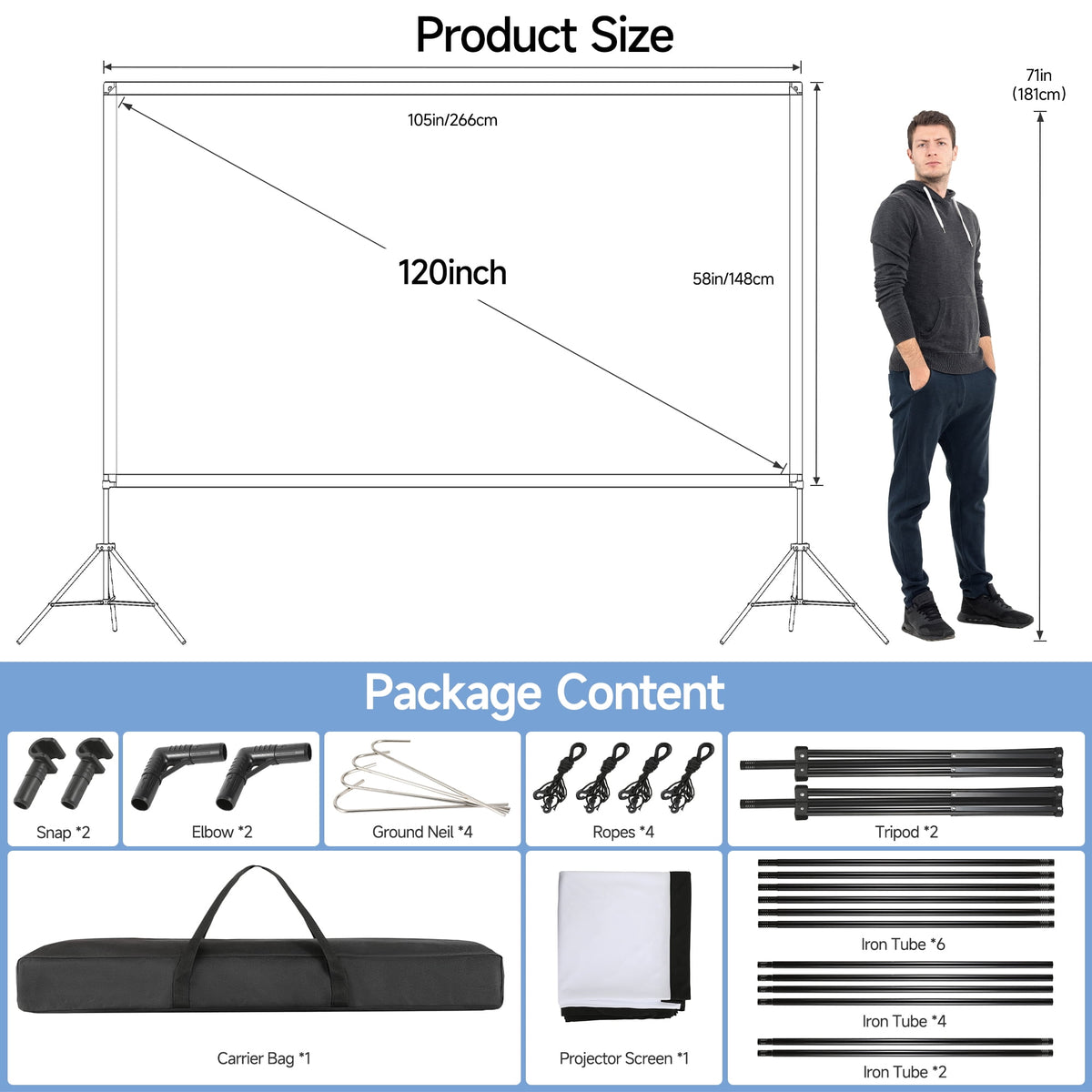100" Projector Screen with Stand, Foldable Portable Movie Screen, 16:9 HD 4K Wrinkle-Free Indoor Outdoor Projector screens for Backyard Home Theater