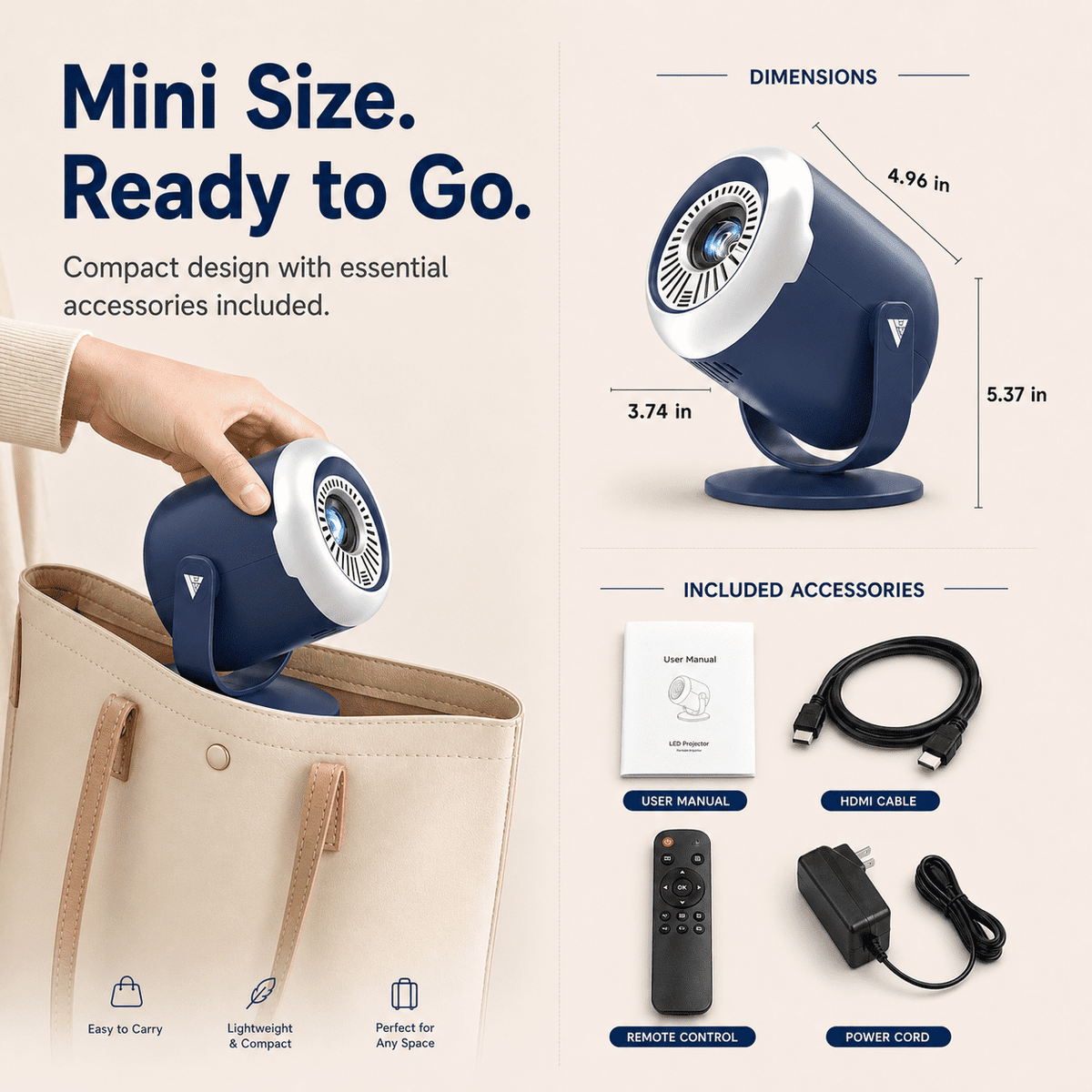 Mini Projector with WiFi and Bluetooth, Native 1080P Portable Movie Projector, Auto Keystone, 180 Degree Rotating Stand, HDMI USB Type-C for TV Stick, Black Orange, Vamvo
